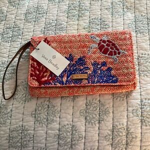 Vera Bradley Coral and Blue Embroidered Sea Turtle Wristlet